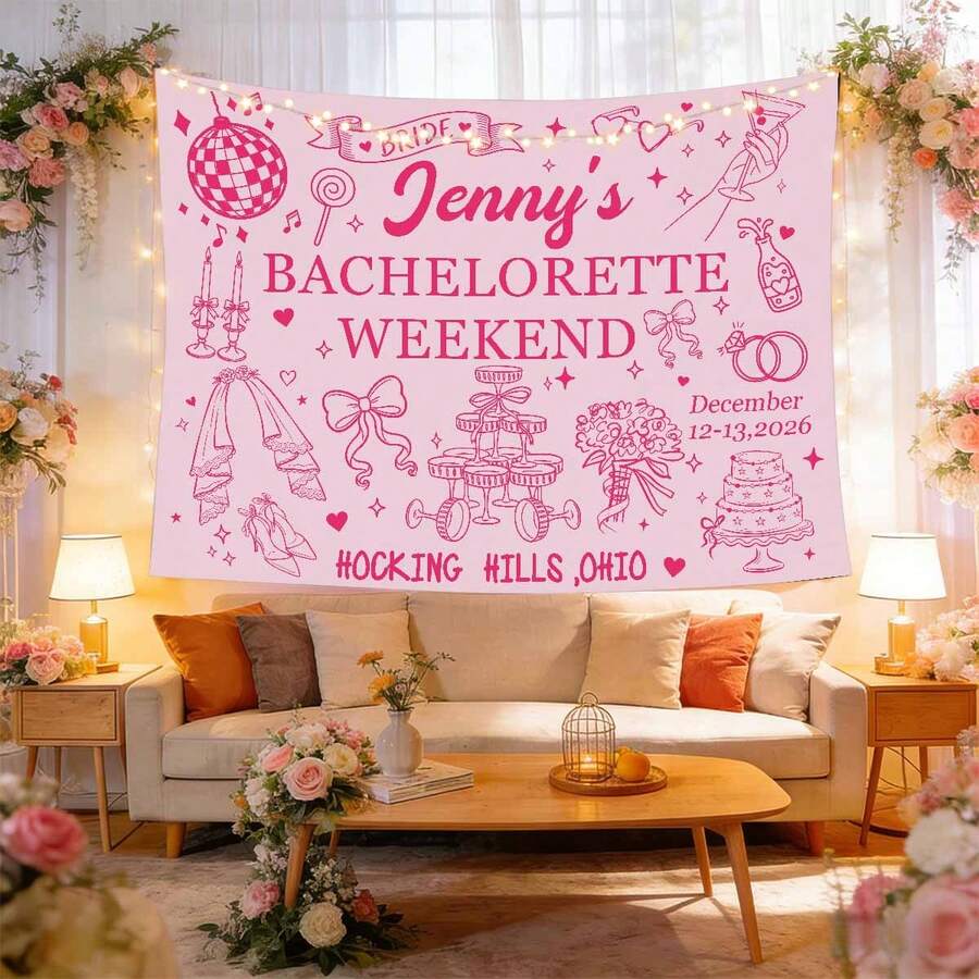 Custom Bachelorette Party Banner Tapestry, Personalized Party Wall Hangings Tapestries, Print Name/Location/Date On Background Cloth, Durable Peach Skin Fabric, Indoor/Outdoor Use, Unique Party Decor Gift For The Bride - Hồng - Xem 1