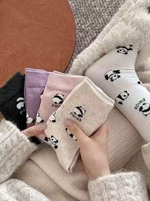5 Pairs Panda Chinese Style Cartoon Student Socks, Casual Mid-Calf Socks For Women - Multicolor - View 5