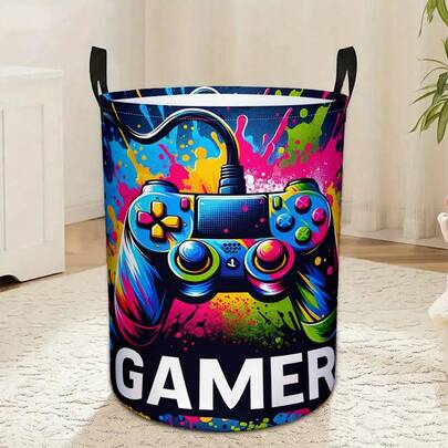 سلة غسيل قابلة للطي بتصميم ملون على شكل وحدة تحكم ألعاب، سعة كبيرة لحفظ الملابس القذرة مع مقابض صغيرة