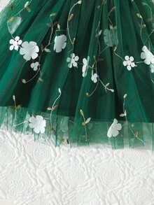 Baby Girl Elegant Floral Embroidery Mesh Flutter Sleeve Princess Dress, Summer - Dark Green - View 7