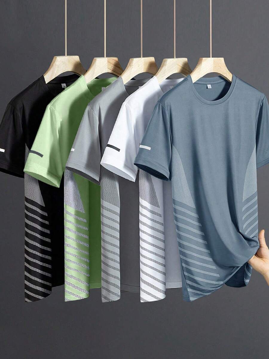 5pcs/Set Men's Quick Dry T-Shirts, Soft Elastic Outdoor Sports Thin Short Sleeve T-Shirts, Suitable For Running, Hiking, Fishing, Summer