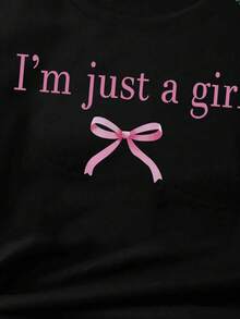 女童字母蝴蝶结印花圆领短袖T恤，休闲日常穿着 - 黑色 - 查看 3