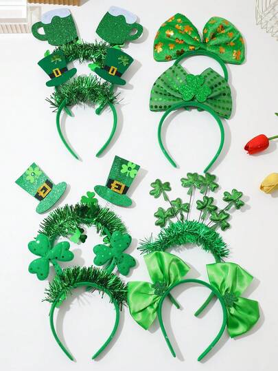 1/2/3/4/5pcs Women's Random Color St. Patrick's Day Headbands With Sequins And Clover Cocktail Glass Decorations, Suitable For St. Patrick's Day Party Outfits