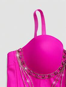 Sexy Rhinestone Chain Tassel Decorated Fishbone High-End Tank Top Camisole Short Performance Bra Top Integrated High-End Women's Fashion Tank Casual - Hot Pink - View 4
