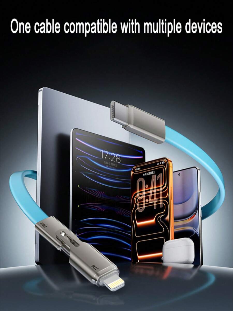 4合1 USB充電線，240W最大輸出多功能USB-C快充線。配備Type-C/USB-A/Lightning接頭，相容 16/15/14/13、Galaxy及其他設備。240W最大4合1快充線，雙介面設計，支援三種充電模式：USB-A/Type-C/Lightning。適用於 16/15/14/13/12/11 Pro Max