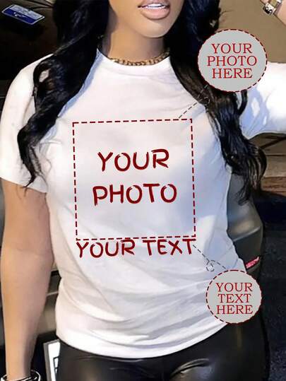 Customized Plus Size Women Round Neck Short Sleeve Sports Top, Can Add Text And Images (Selfie/Landscape/Family/Friends/Couple/Pattern/Pet, Etc.). Choose Your Favorite Font And Color To Design Your Exclusive Printed T-Shirt. Ideal Gift For Girlfriends, Couples, Etc. White