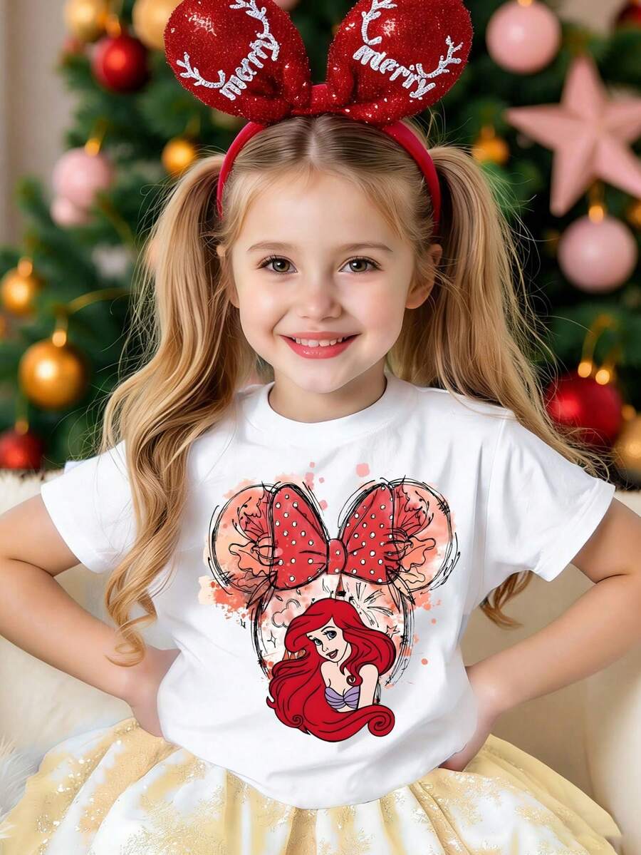 Disney White Background The Ariel Minnie Bow Watercolor Style Print Loose Short Sleeve T-Shirt - Sweet And Cute Casual Top - White - View 1