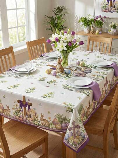 1pc Easter Tablecloth With Cross & Bunnies - Soft Lavender Watercolor Floral Print, Gentle & Meaningful Decor For Resurrection Sunday Brunch & Spring Family Gathering