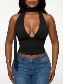 Blazique 春夏 Y2K 风格深 V 领露背背心 - 黑色 - 查看 1