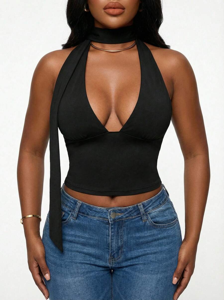 Blazique 春夏 Y2K 风格深 V 领露背背心 - 黑色 - 查看 1