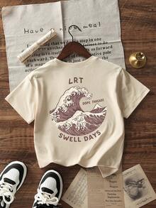 1件婴儿/幼儿男童创意卡通图案字母标语印花基本款圆领短袖T恤，休闲时尚 - 杏色 - 查看 4