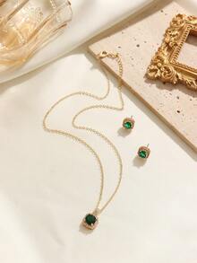 1 Set Vintage Elegant Emerald Green Zirconia Copper Alloy Jewelry Set, Fashionable Luxury Square Accessories Suitable For Daily Wear And Gifting - Multicolor - View 4