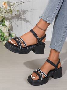 Sandal kiểu La Mã mới năm 2026 dành cho nữ, kiểu dáng mùa hè đa năng, mang đến vẻ đẹp thanh lịch như nàng tiên, sandal đế dày đính đá lấp lánh đi biển. - màu đen - Xem 3