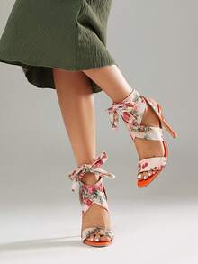 Floral Print Elegant Fashion Bowknot Criss-Cross Strap Party Wedding Banquet High Heel Pointed Toe Lace-Up Flower Sandals For Women - Multicolor - View 3