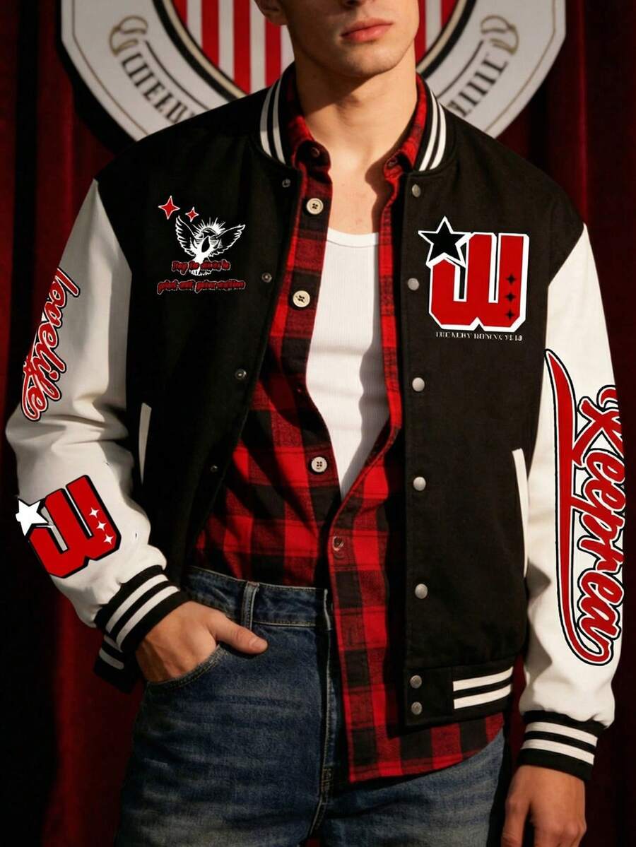 Men's Printed Pattern Casual Baseball Jacket, Varsity Jacket, Boyfriend Gift, Unisex, Spring/Autumn - Black - View 1