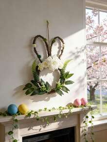 1 pieza Guirnalda decorativa de estilo nórdico y minimalista con forma de conejo de mimbre para decoración del hogar en Pascua y primavera, que mejora el ambiente festivo y aporta una sensación de frescura y naturaleza primaveral, decorada con flores y verdor, adecuada para pared, entrada o puerta (color pompón aleatorio) - Multicolor - Ver 4