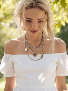 Layered Multi-Chain Heart Lock Safety Pin Necklace | Gold/Silver Tone Valentine's Day Beach Vacation Edgy Fashion Accessory - Heart Lock - View 11