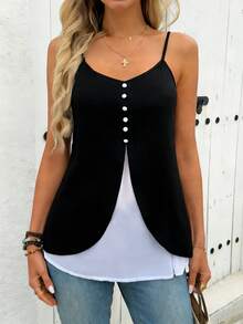 Plus Size Women's Solid Color Front Button Camisole Top, Spring/Summer Casual Black - Black - View 3