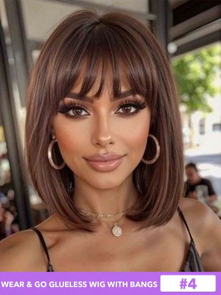#4/613 Tóc giả bob thẳng highlight bằng tóc thật có mái, dễ đội, không cần keo dán, tóc giả bob ngắn thẳng 10 inch, mật độ 180%, có mái dành cho nữ, nhiều màu (#4/613 #4 #2 Đen tự nhiên #1B) - Nhiều màu - Xem 1