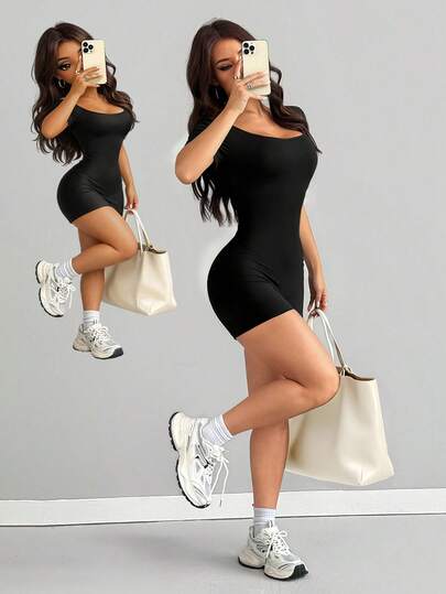 AITYI Studio Women's Jumpsuit, Well-Fitted Casual Solid Color U-Neck, Comfortable Slim Fit Shaping Slimming Fashionable Sexy Outdoor Sports Streetwear Commuter Y2K, Suitable For Graduation, Back To School, New Year, Valentine's Day, Spring/Summer