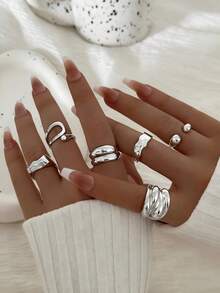 6 piezas Anillos de moda grandes y lisos con diseño geométrico, anillos clásicos de estilo moneda vintage de plata para mujeres - Plateado - Ver 6