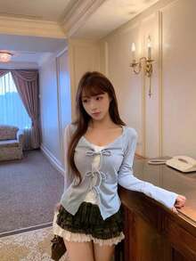 2 In 1 Lace Tie-Up Korean Style Sweet Desire Long Sleeve Women Top - Blue - View 3