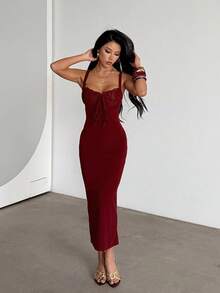 WOWDARK Women's Elegant Lace Patchwork Spaghetti Strap Slit Bodycon Dress, Party Dress, Evening Gown - Màu Đỏ Sâu - Xem 4