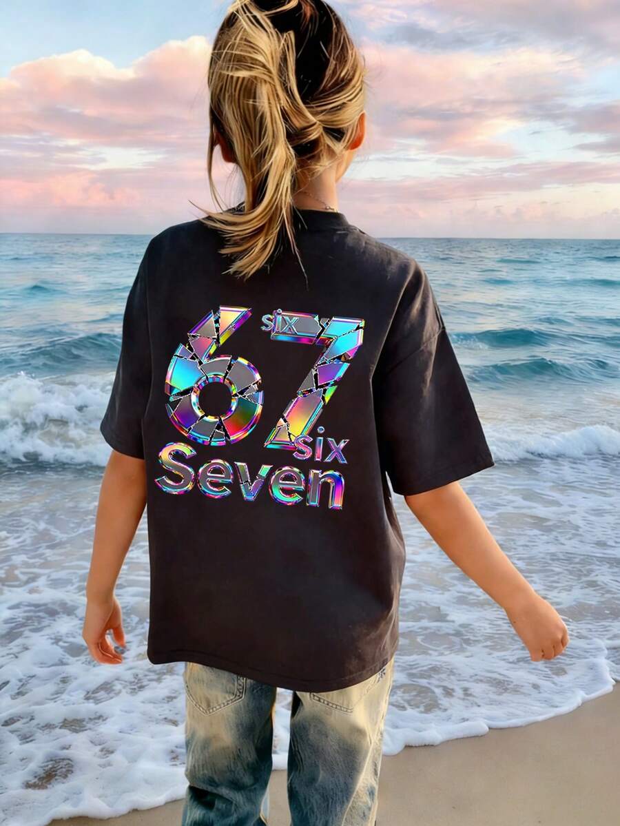 Tween Girl Colorful Number 67 & Six Seven Print T-Shirt, Suitable For Daily Wear, Party, Fashion For Summer - Dark Grey - View 1