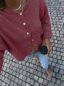 Elegant fransk romantisk, avslappnad lös stickad kofta för kvinnor, minimalistisk och elegant för höst/vinter - Bourgogne - Visa 4