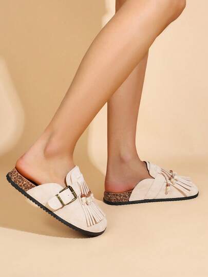 1 Pair Casual Versatile Fringe Decor Buckle Flat Shoes