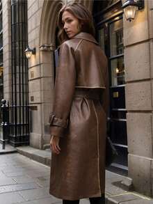 Dam vår-/höstjacka i PU, trendig lätt vindjacka med justerbart midjebälte - mångsidig pendlarjacka - Kaffebrun - Visa 3