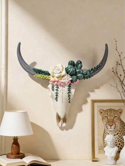 Floral Skull Wall Hanging Decor Set - Boho Style Resin Wall Decor Suitable For Living Room/Bedroom, Farmhouse Home Decor, Creative Art Wall Sculpture, Applicable For Living Room, Bedroom, Study, Wedding Party, Holiday Atmosphere, Valentine's Day, Wedding Gift, Best Holiday Gift, Display Rack Decor, Birthday Gift, Graduation Gift