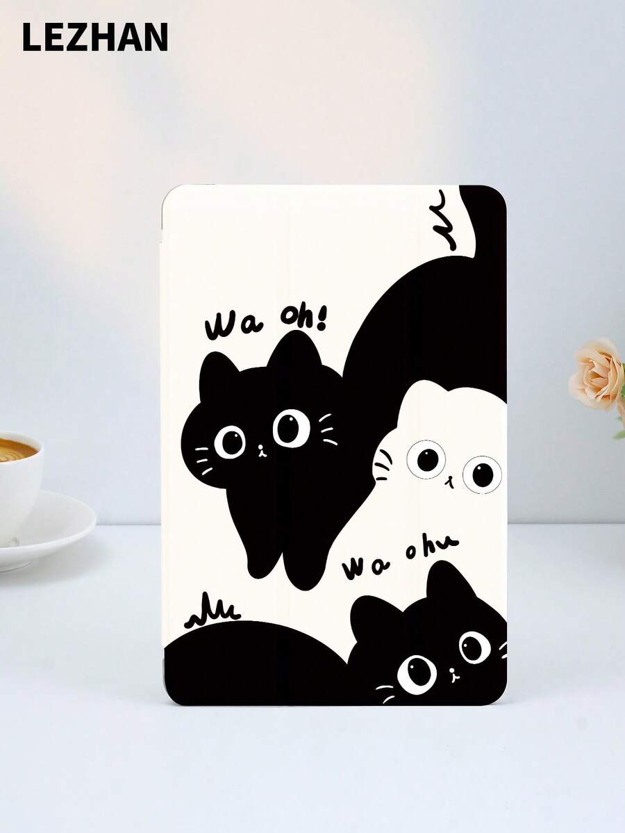 1pc Black & White Cat Pattern Design Flat Tablet Protective Case, With Pencil Slot, Anti-Drop, Tri-Fold Tablet Stand Protective Shell, Compatible With IPad 10.2", IPad Pro 11" 2021/2020/10th Gen, IPad (A16) 11" 11th Gen 2025, IPad 8th/9th/10th Gen, Compatible With Samsung Galaxy Tab A8 10.5" 2022, Matepad 10.4"/Tab, Romantic Gift - Multicolor - View 1