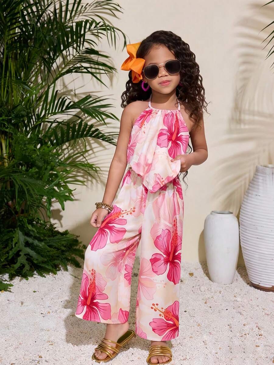 BASUSARRI Young Girls Floral Print Camisole Top And Wide Leg Pants Set, Fashionable And Versatile Casual Holiday Outfit