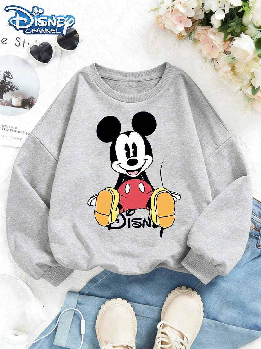 This Soft And Warm Hoodie For Girls Features A Disney Mickey Mouse Sitting On The Ground With A Smiling Design, Perfect For Everyday Casual Wear, Family Outings, And Various Occasions. - 灰色 - 查看 1