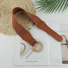 复古编织扣宽腰收紧弹力仿皮腰带 - 一款百搭的装饰腰带，适用于连衣裙和西装 - 麻花扣腰封 - 查看 9