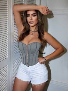 女士Y2K街头风抹胸上衣，前系带，露背短款上衣 - 灰色 - 查看 6