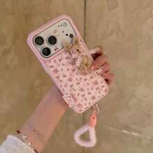 Minimalist Floral 3D Plush Rabbit Phone Case Compatible With IPhone 17 Pro Max, 16 New, 15 With Lanyard, 17 Pro, 14 - Pink - View 1