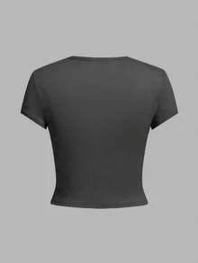 女士夏季新款休闲修身百搭圆领短款T恤，时尚日常穿着，适合日常和度假穿着 - 深灰色 - 查看 5