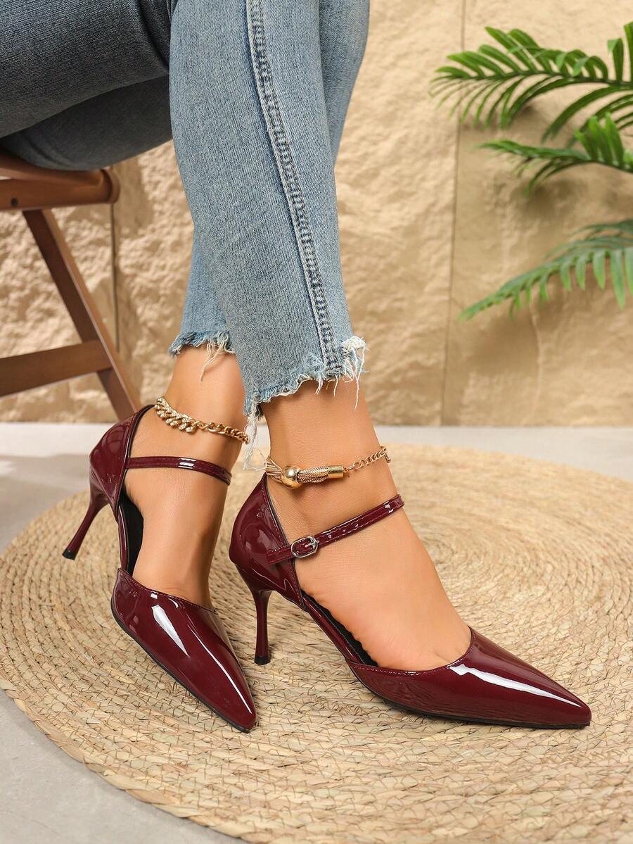Fashion One-Strap Buckle Women's High Heel Sandals, Pointed Toe Stilettos High Heels For Summer - Red - View 1