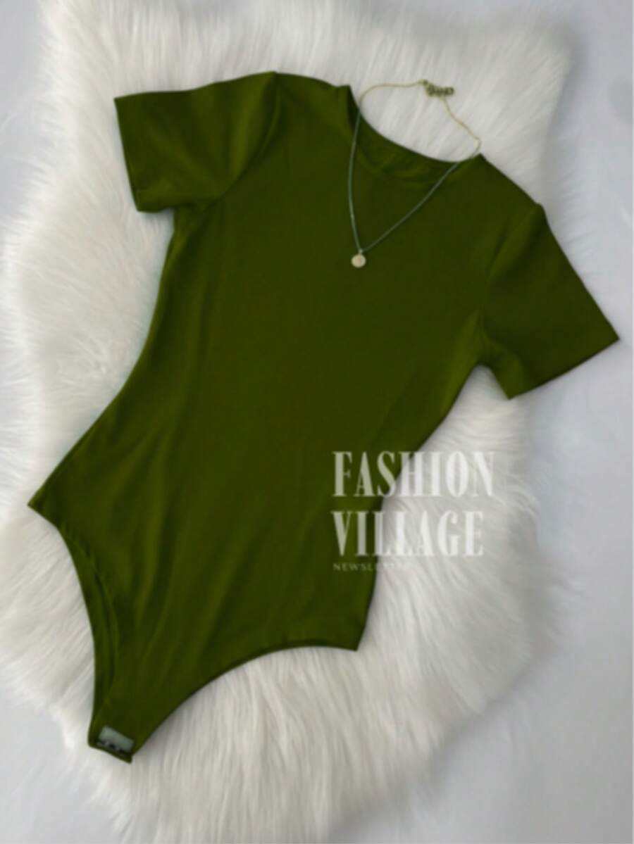 Women's Crew Neck Bodysuit In Spandex, Summer Blogger Style 2025 - Verde militar - Ver 1