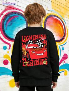 1pc Disney Lightning McQueen Retro Racing Graphic Tween Boys Casual Sweatshirt, Soft & Versatile, Ideal For Back To School & Weekend Hangouts - màu đen - Xem 3