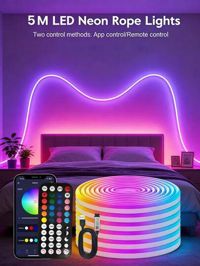 5M Programmable Smart RGB Neon Light Strip, Multi-Color Modes, APP Control, Waterproof, USB Powered, Suitable For Bedroom, Living Room Decor, Holiday Decoration, Indoor Ambiance Lighting, TV Backlight, Hotel Corridor, With Remote Control