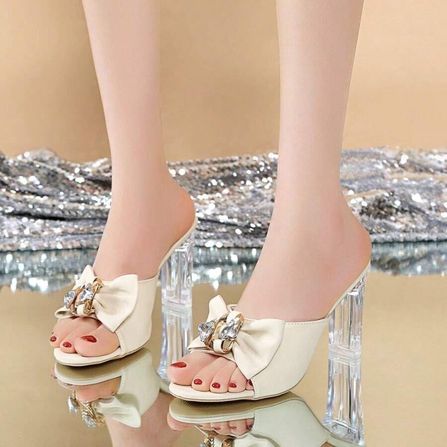 新款系带凉鞋，女士百搭蝴蝶结时尚高跟露趾优雅水晶粗跟拖鞋，波西米亚风沙滩水钻蝴蝶结家居拖鞋 - 米色 - 查看 1