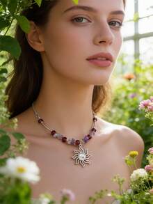 1件银色镂空太阳天然水晶石项链 - 黑色蝴蝶款 - 查看 5