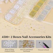 2 Boxes Metal Nail Beads And Flatback Pearls With Tweezers And Brush Kit, 1.5-5mm White &Amp; Beige Half Round Pearls, 0.8-3mm Gold Silver Small Caviar Beads Balls For Face Makeup Manicure Crafts(1-K2) - ColorA - 查看 2
