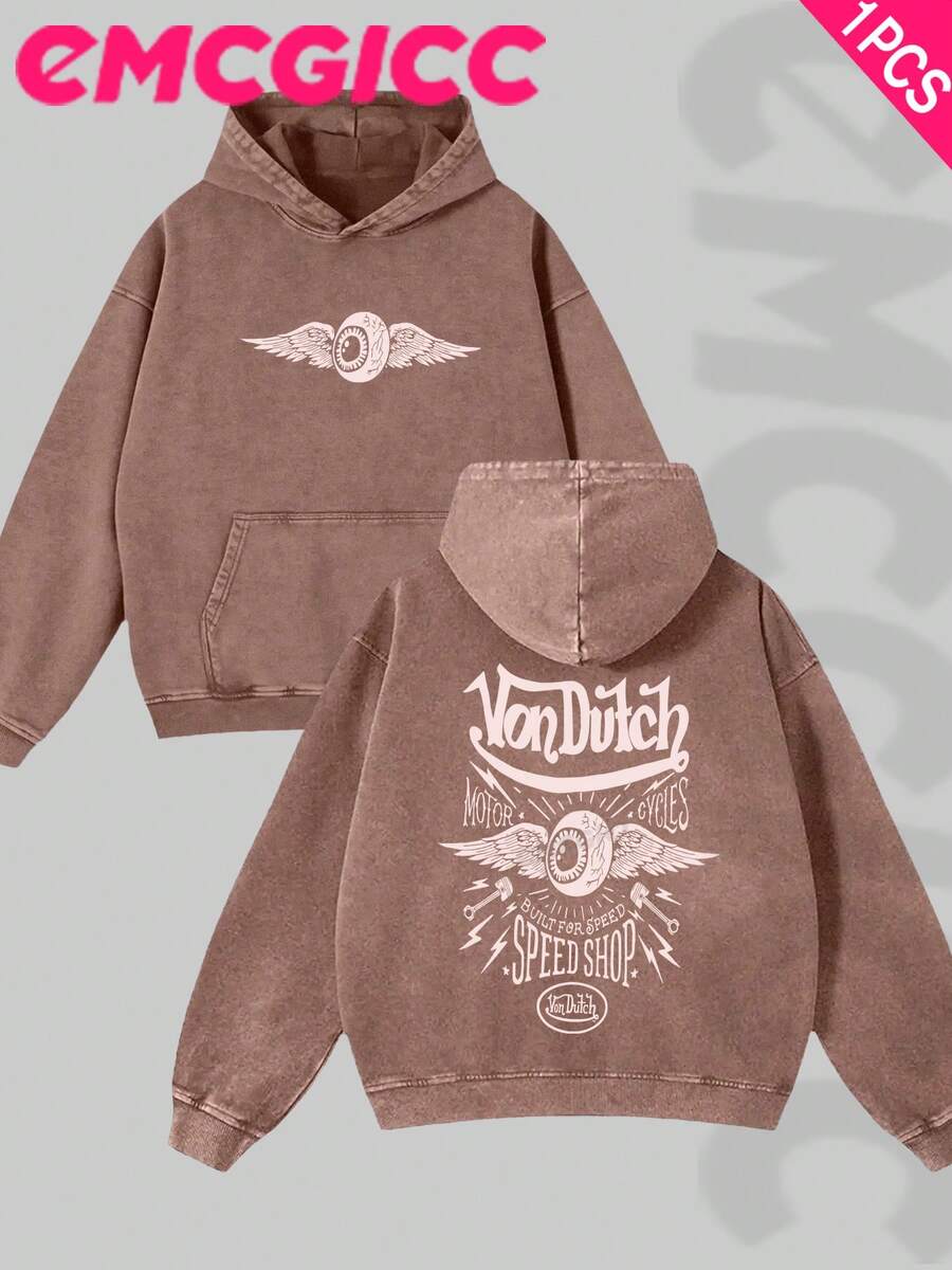 EMCGICC Manfinity Y2k Men Washed Hoodie,Street Outdoor Life Hip-Hop Style Christmas Thanksgiving Gifts Men's Sweatshirt Washed Hoodie - Retro Distressed Washing Process Long Sleeves Regular Fit Street Style Digital Printing Casual Pullover With Kangaroo Pocket Ideal Gift - 棕色 - 查看 1