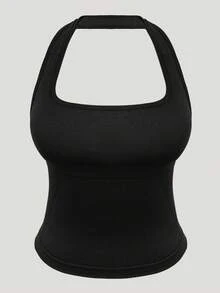 Yefecy 女士露背吊带短款背心，可拆卸胸垫，性感露背运动瑜伽上衣 - 黑色 - 查看 3