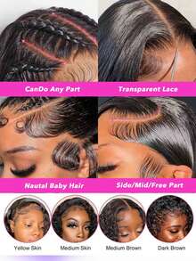 13x4 波浪卷发蕾丝闭合假发，巴西蕾丝前假发，真人发，150%/200% 密度，预先拔毛，自然发际线，带婴儿绒毛，漂白发结，自然黑色，8-20/22/24/26/28/30 英寸 - Natural Black - 查看 8