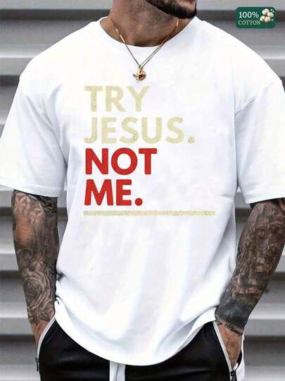 Men's Retro Graphic T-Shirt With Try Jesus Not Me Design - Vintage Distred Print In Red & Beige,  Soft Cotton Casual Tee For Everyday Wear, Perfect Gift For Men Who Love Faith-Based Fashion, All-Day Comfort For Work Or Weekend Hangouts, Classic Fit Flattering All Body Types Graphic Tee Tops Shirts Funny T Shirt Breathable Cotton Crew Neck T-Shirt, Designed For Outdoor Life, Journeys, Hiking Trails, And Everyday Relaxed Style